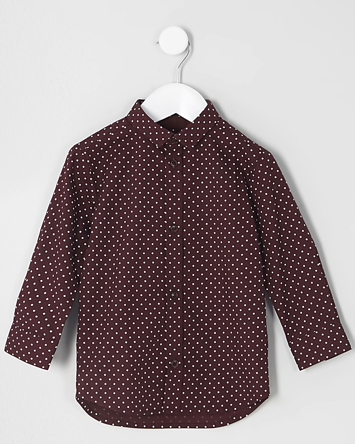 Mini boys burgundy polka dot shirt