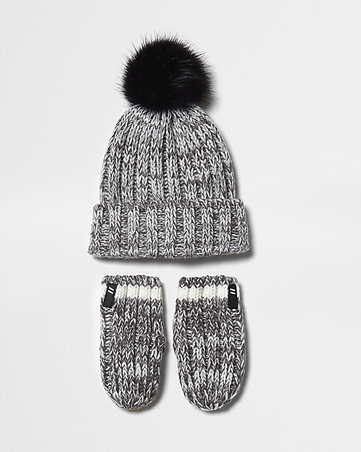 Mini boys grey knit beanie hat and gloves set
