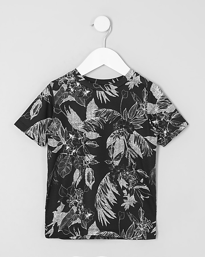 Mini boys black mono floral T-shirt
