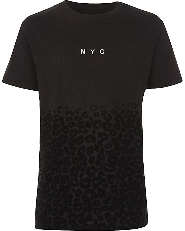 Boys black ‘NYC' leopard print flock T-shirt