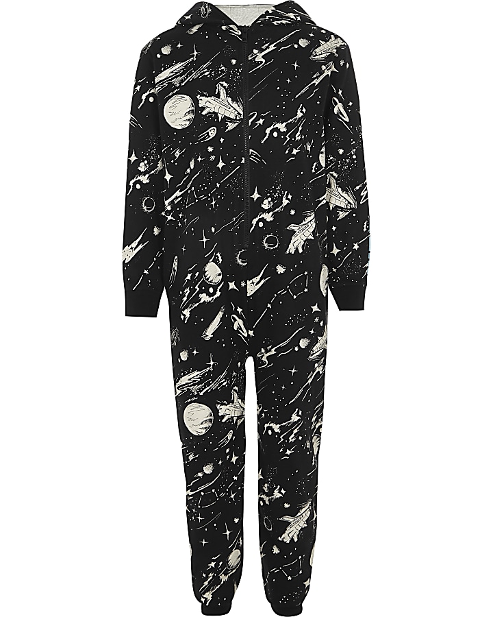Boys black space theme print onesie