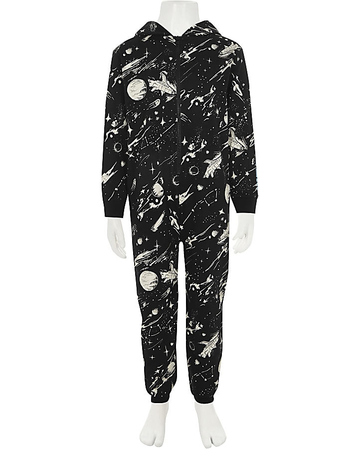 Boys black space theme print onesie