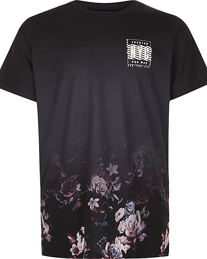 Boys black floral fade 'NYC' print T-shirt
