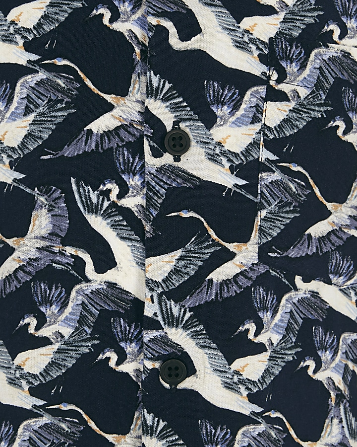 Boys navy crane bird print short sleeve shirt