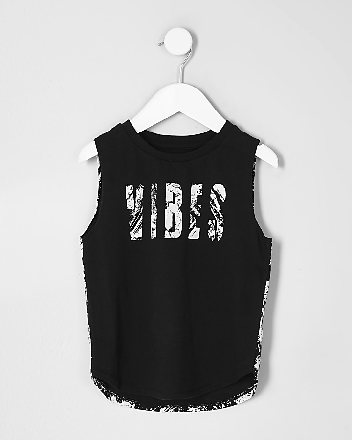 Mini boys black ‘vibes’ print vest