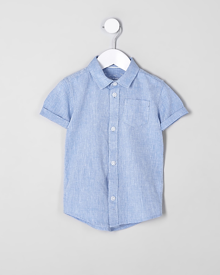 Mini boys blue linen blend shirt