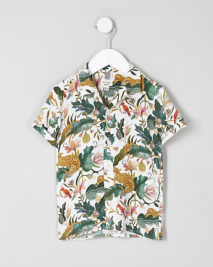Mini boys cream leaf short sleeve shirt