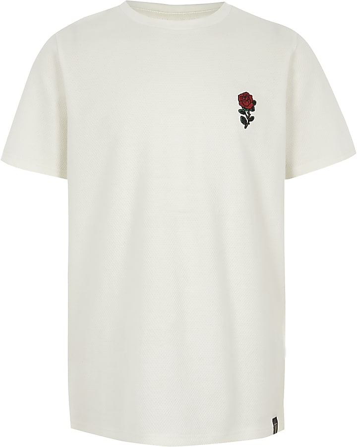 Boys white textured rose print T-shirt