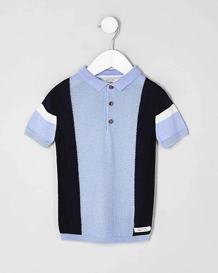 Mini boys blue blocked knitted polo shirt