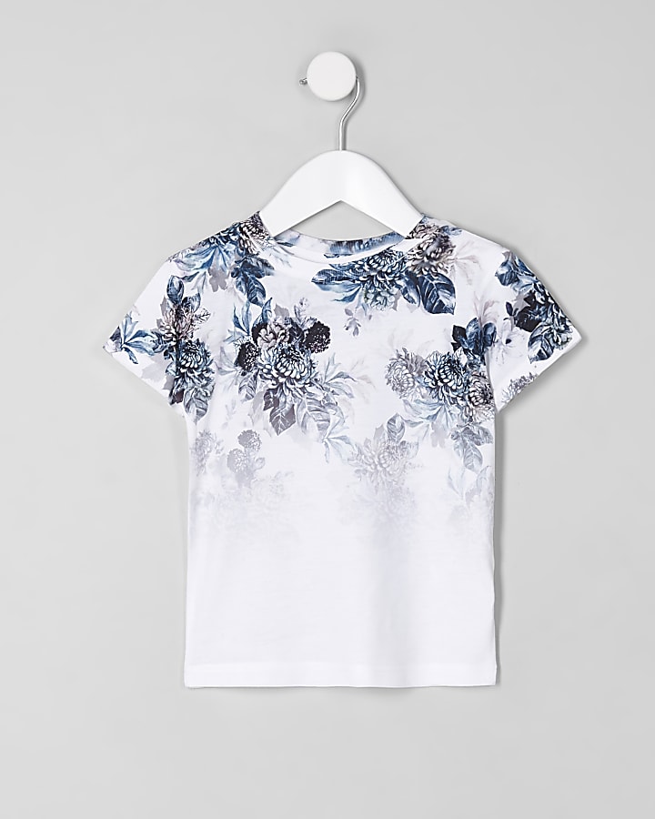 Mini boys white floral fade print T-shirt