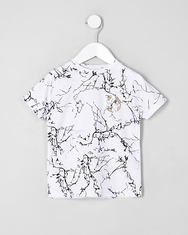 Mini boys white marble print T-shirt
