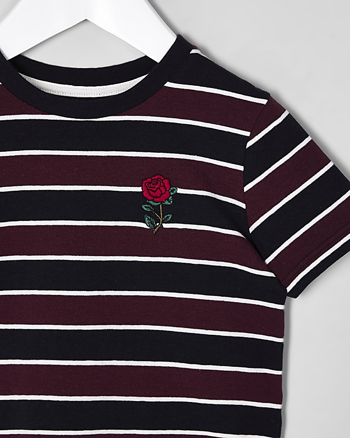Mini boys burgundy stripe rose T-shirt