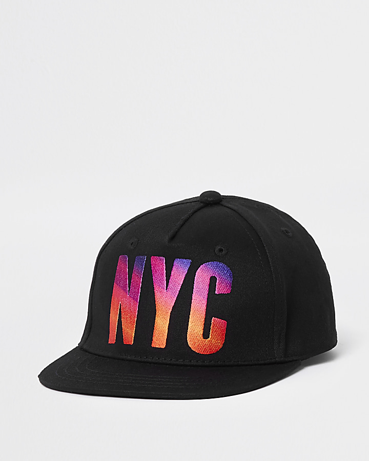 Mini boys black 'NYC' sunset flat cap