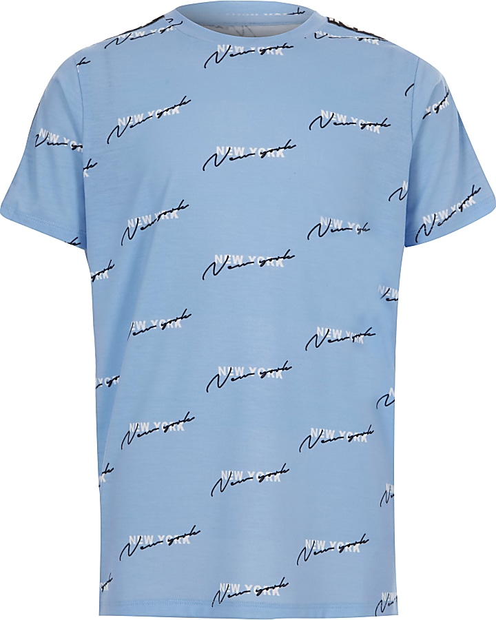 Boys blue ‘NYC’ print tape T-shirt