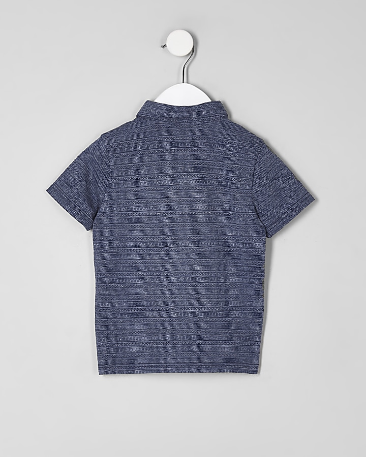 Mini boys blue pique button-up polo shirt