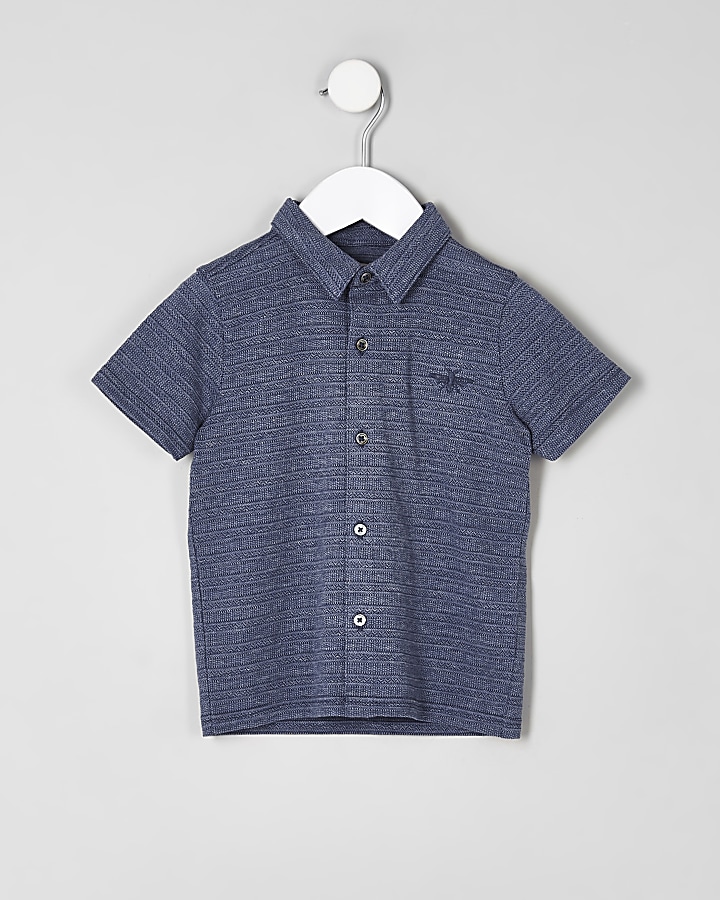Mini boys blue pique button-up polo shirt