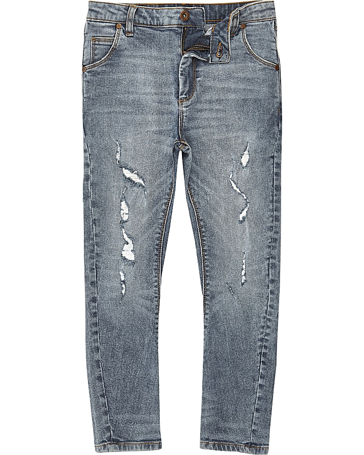 Boys mid blue wash ripped Tony slouch jeans