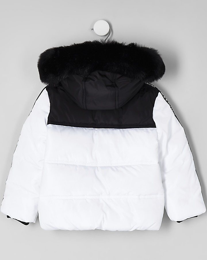 Mini boys white faux fur hood puffer coat