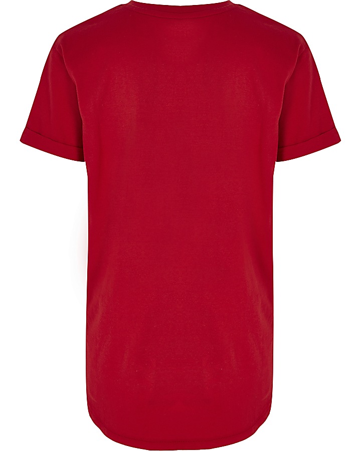 Boys red ‘stay awesome’ curve hem T-shirt