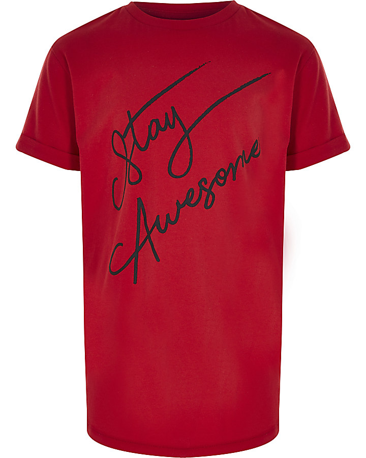 Boys red ‘stay awesome’ curve hem T-shirt