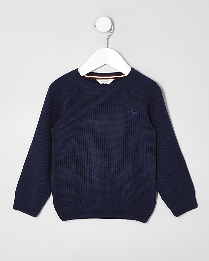 Mini boys blue knit wasp embroidered jumper