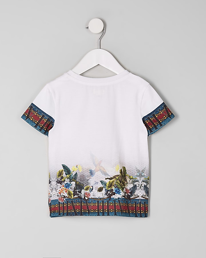 Mini boys white ‘luxe’ tropical print T-shirt