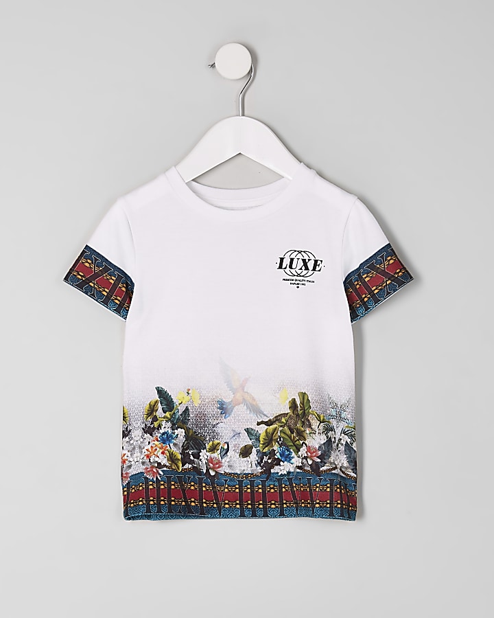 Mini boys white ‘luxe’ tropical print T-shirt