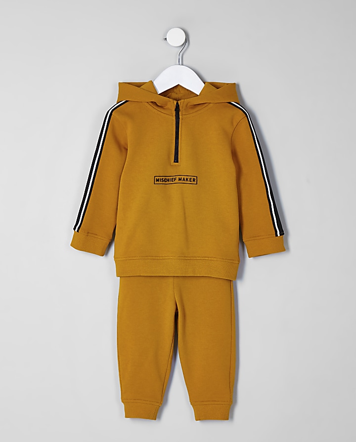 Mini boys yellow ‘mischief’ hoodie outfit