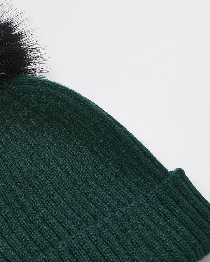Boys green ribbed knit faux fur beanie hat
