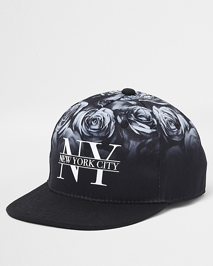 Boys black rose flat peak cap