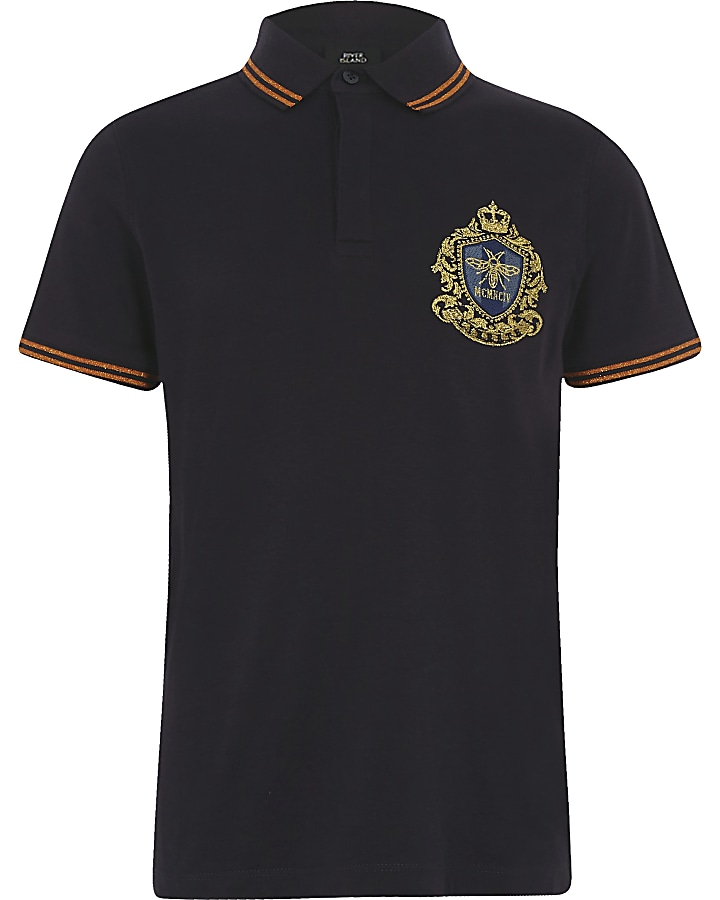 Boys navy embroidered badge tipped polo shirt