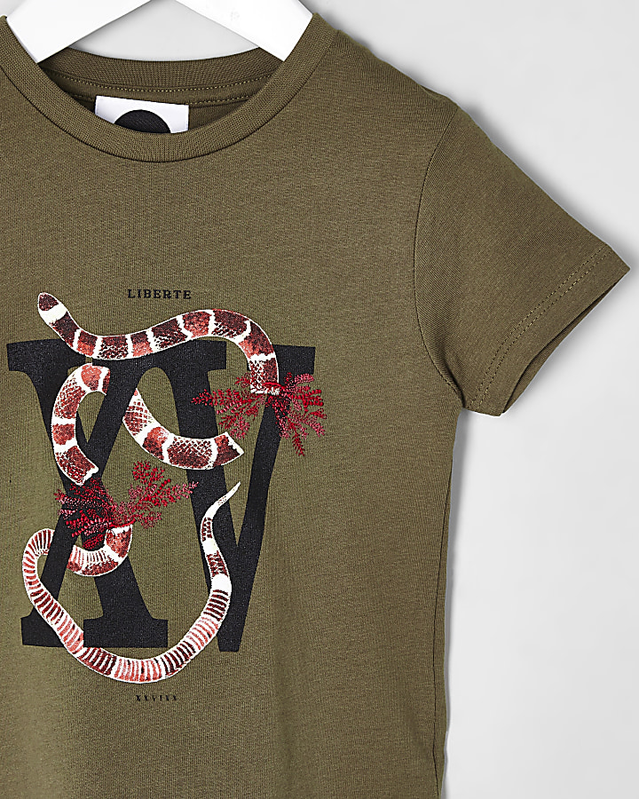 Mini boys khaki snake print T-shirt