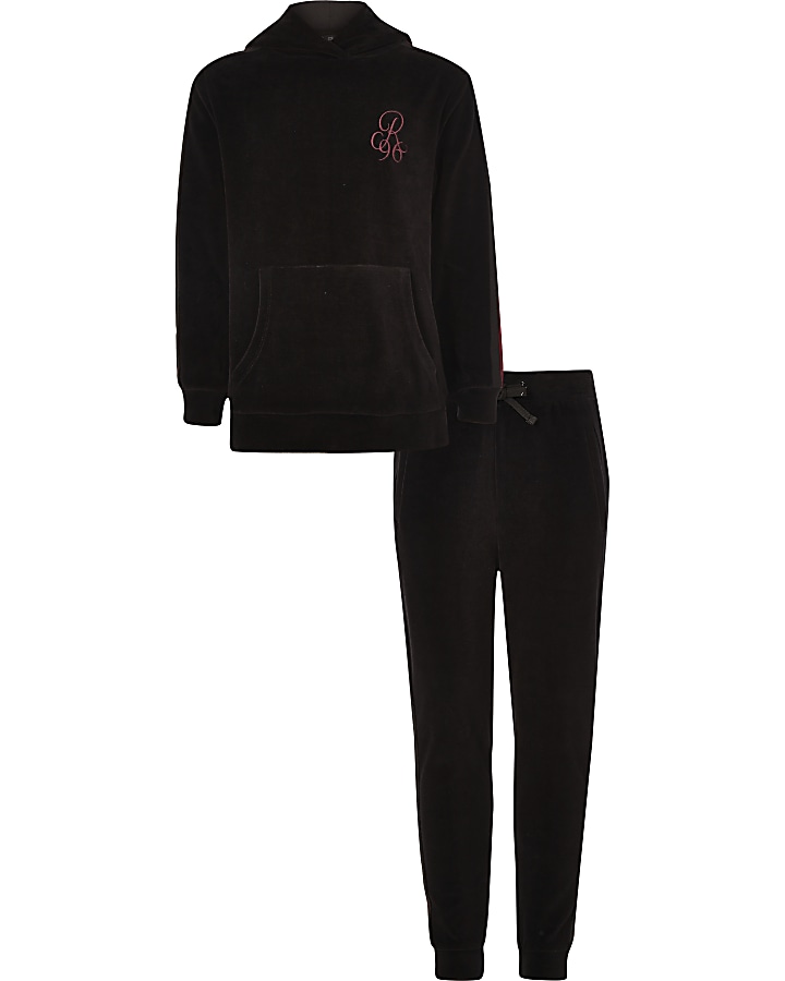 Boys black ‘R96’  velour tape hoodie outfit