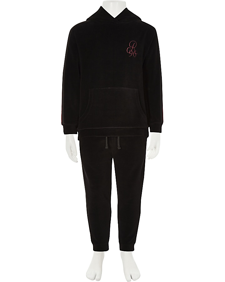 Boys black ‘R96’  velour tape hoodie outfit