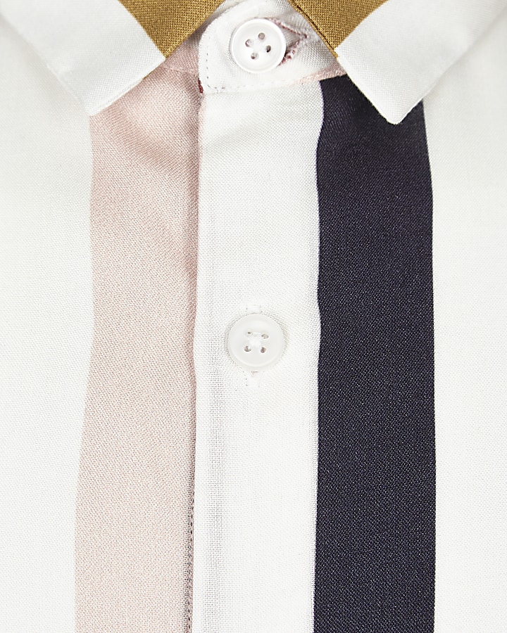Boys white verticle multi stripe collar shirt