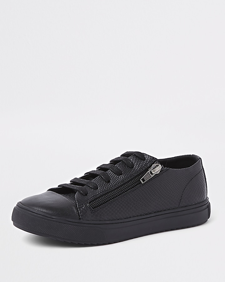 Boys black sole zip side lace-up trainers