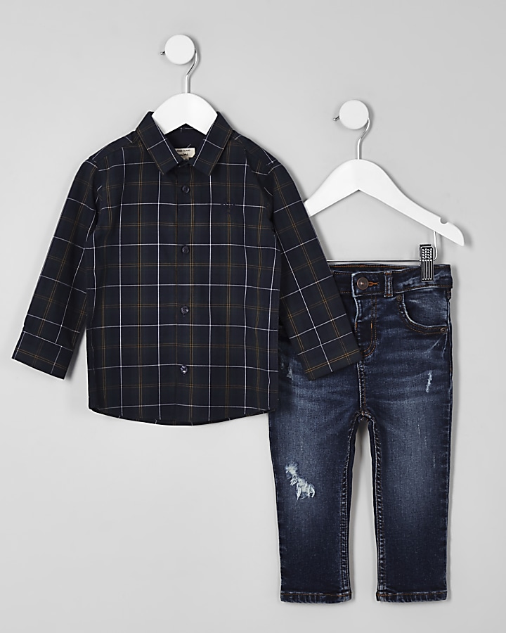 Mini boys green check shirt and jeans outfit