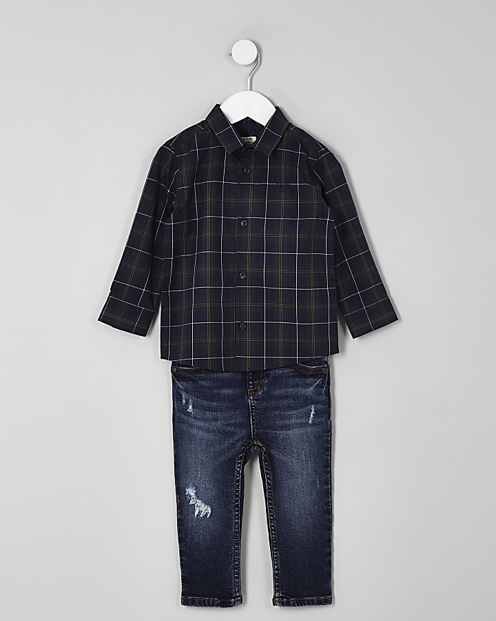 Mini boys green check shirt and jeans outfit