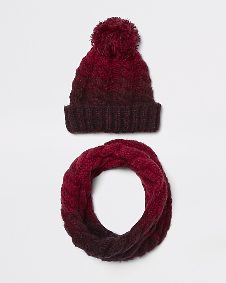 Boys red ombre knit hat and snood set
