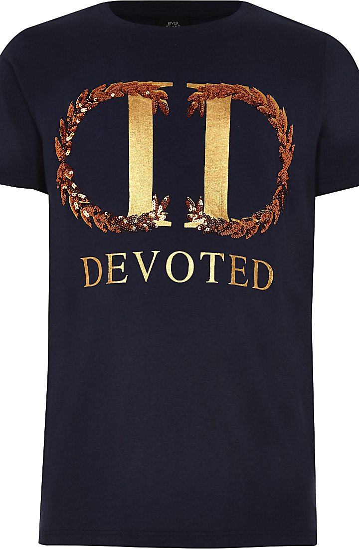 Boys navy 'devoted' front print T-shirt