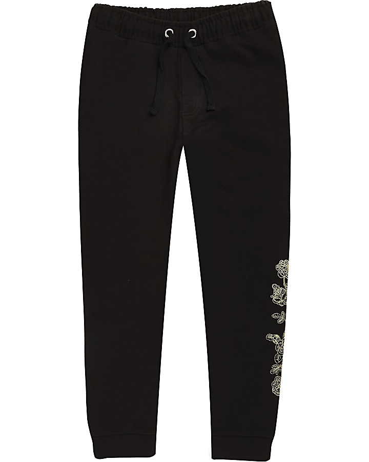 Boys black rose embroidered joggers