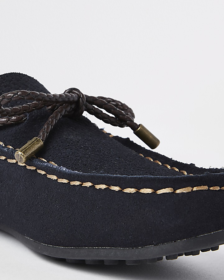 Boys navy tie front loafers