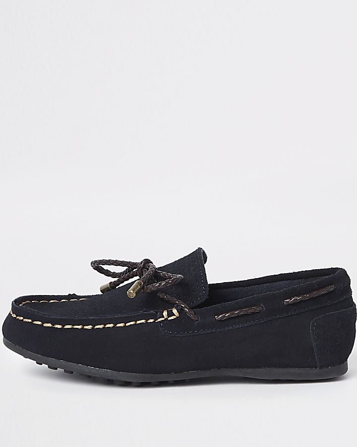 Boys navy tie front loafers