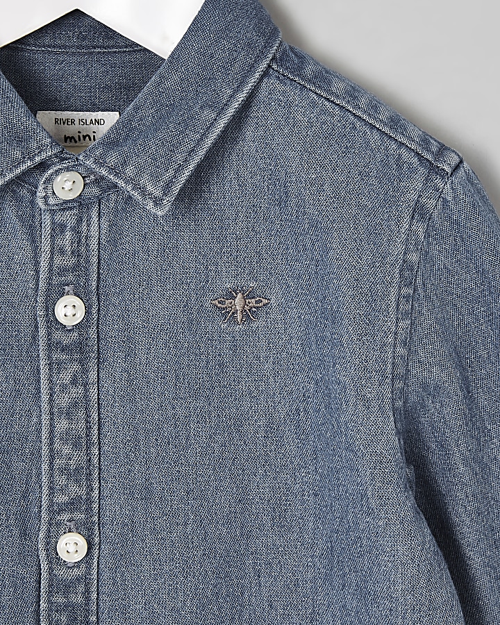 Mini boy blue wasp embroidered denim shirt