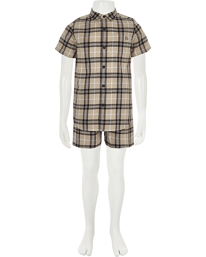 Boys stone check short outfit