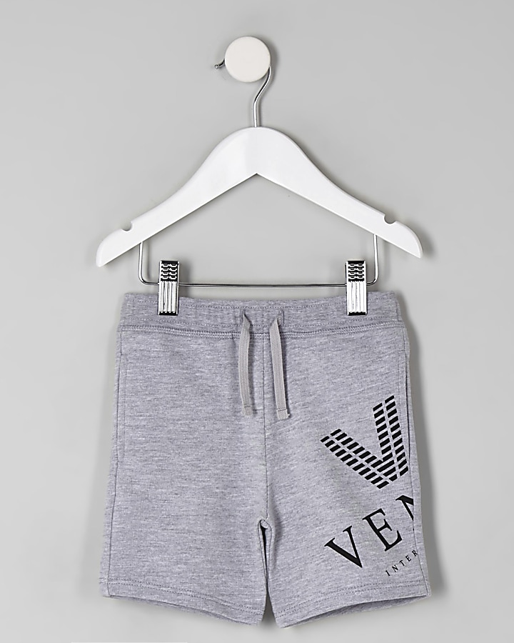 Mini boys grey marl ‘venti’ print shorts