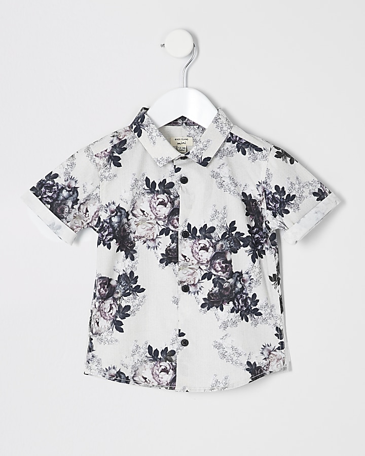Mini boys white floral poplin shirt