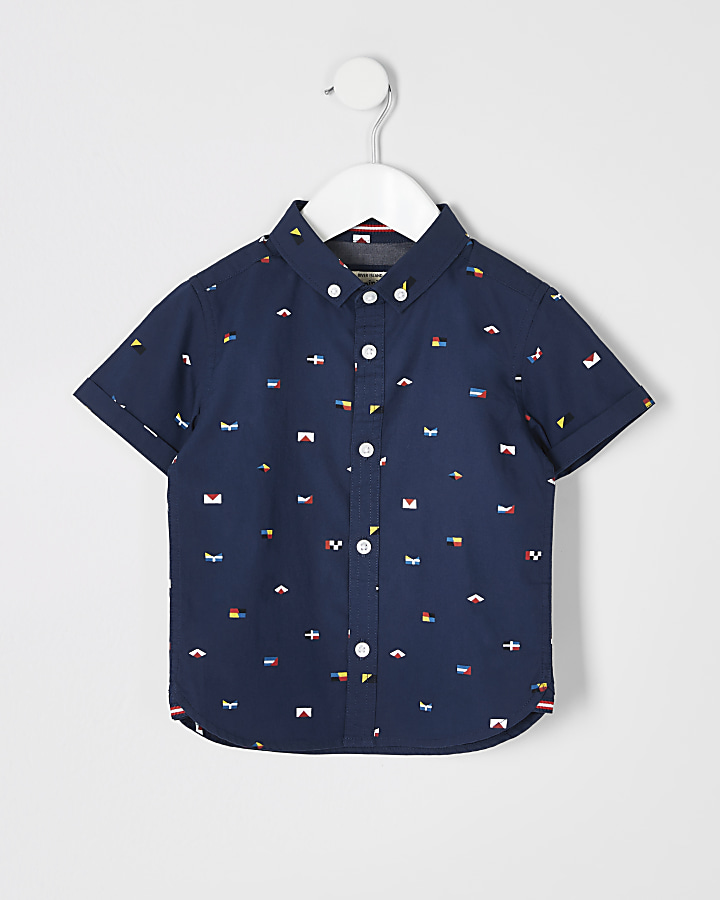 Mini boys navy flag print shirt