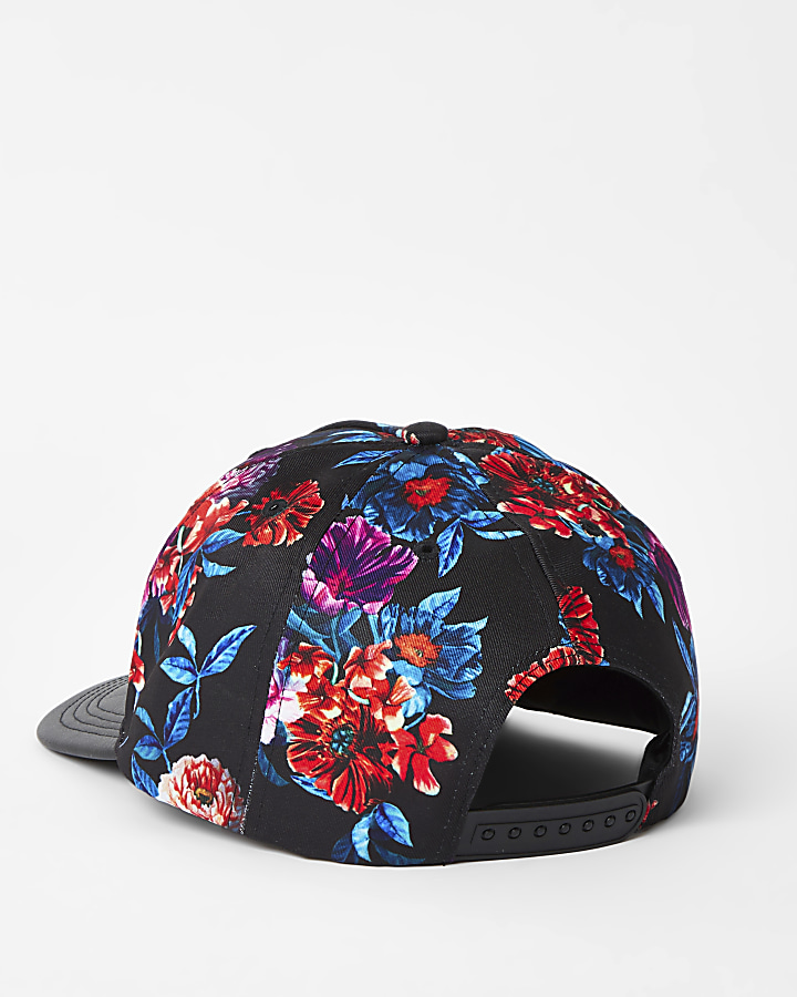 Boys black floral flat peak cap