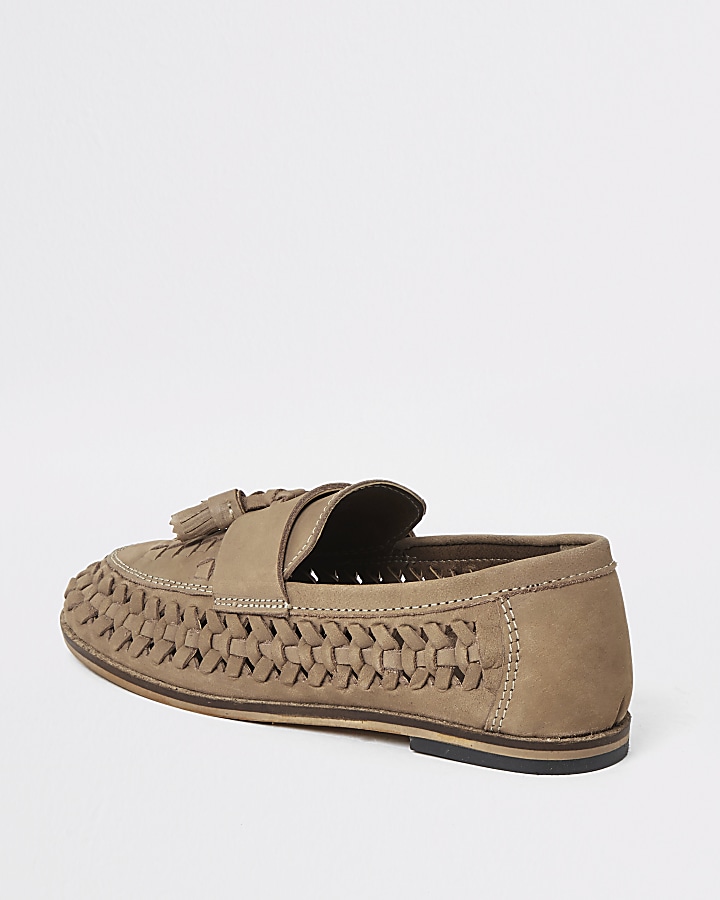 Boys light brown leather woven loafers